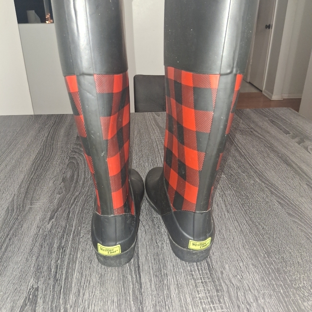 Black and Red Plaid Rain Boots- W SZ 8 - Picture 3 of 5